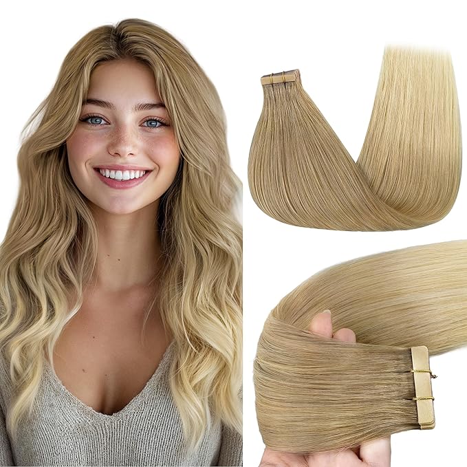 GOO GOO Tape in Hair Extensions Human Hair, O18G/22G(L) Golden Beige Blonde with Ash Highlights, 20inch 50g 20pcs, Skin Weft Seamless Invisible, Silky Straight with Thick Ends, Remy Human Hair