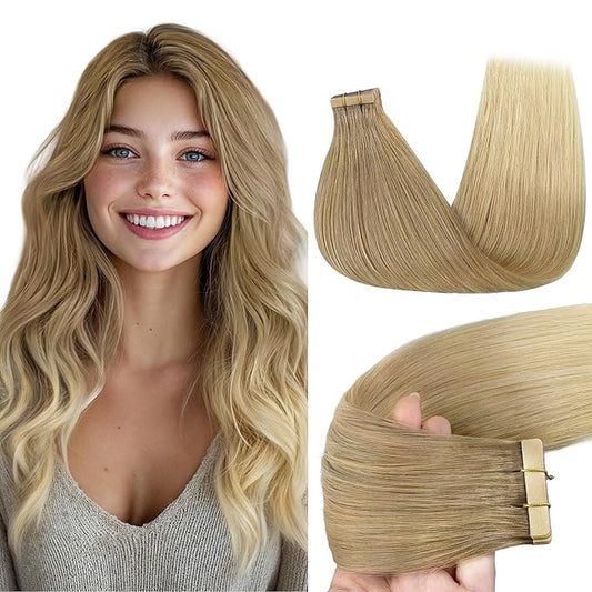 GOO GOO Tape in Hair Extensions Human Hair, O18G/22G(L) Golden Beige Blonde with Ash Highlights, 20inch 50g 20pcs, Skin Weft Seamless Invisible, Silky Straight with Thick Ends, Remy Human Hair