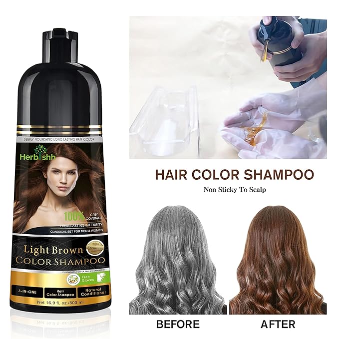 Herbishh 3-In-1 Magic Hair Dye Shampoo for Gray Hair - Light Brown, 500 Ml, Ammonia-Free, Long Lasting, Colors Hair in Minutes,Unisex