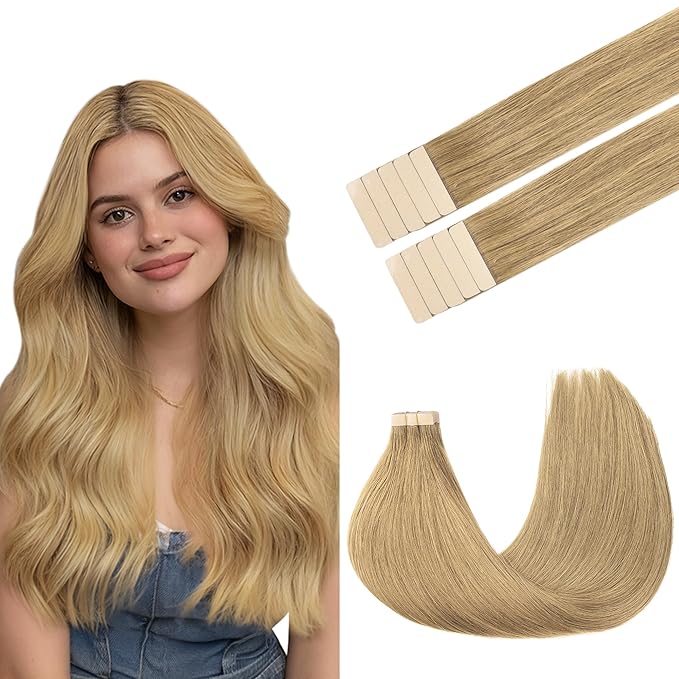 GOO GOO Tape in Hair Extensions Human Hair, 7 Bronde, 20inch 30g 10pcs, Skin Weft Seamless Invisible, Silky Straight with Thick Ends, Remy Human Hair
