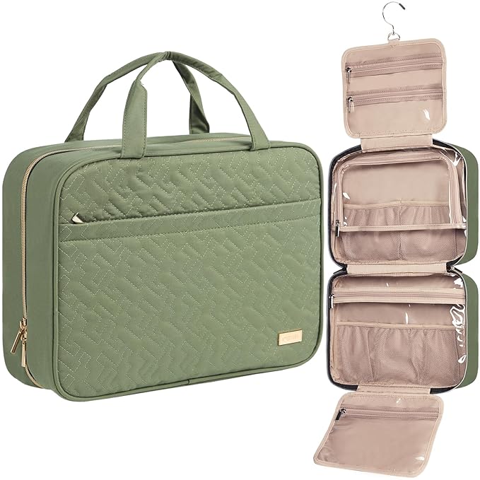 NISHEL Travel Toiletry Bag for women, Portable Hanging Organizer for Family-Sized Shampoo, Conditioner, Brushes Set, Makeup Accessories, Extra Large Size, Green