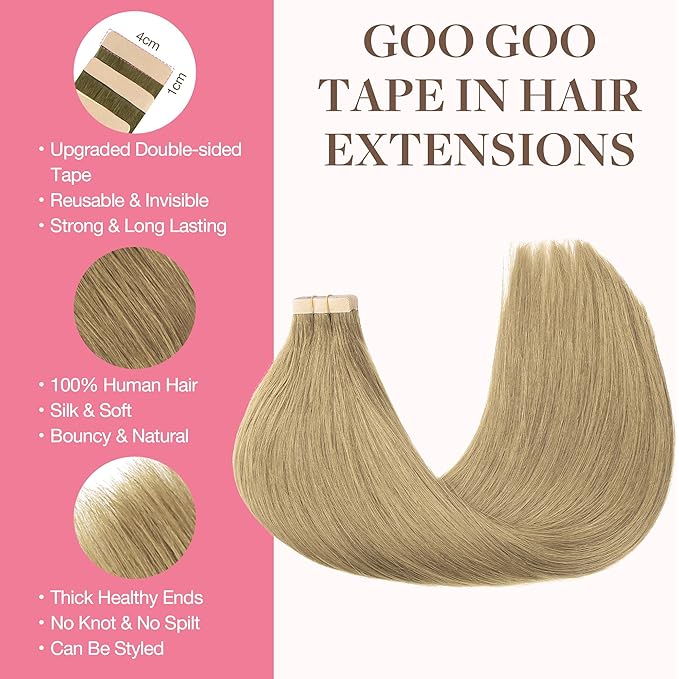 GOO GOO Tape in Hair Extensions Human Hair, 7 Bronde, 16inch 100g 40pcs, Skin Weft Seamless Invisible, Silky Straight with Thick Ends, Remy Human Hair
