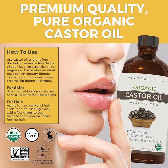 Viva Naturals Organic Castor Oil, Cold-Pressed, 16 fl oz – For Face, Hair, Eyelashes, USDA Organic, Non-GMO - Glass Bottle