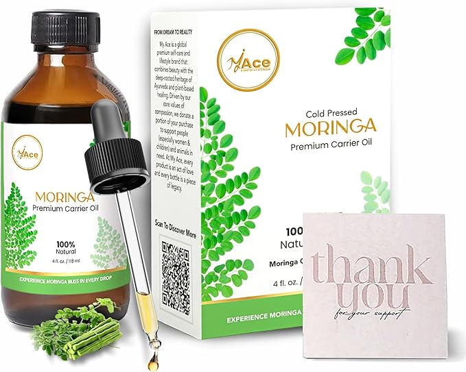 My Ace Moringa Carrier Oil | Pure Cold Pressed Unrefined Oil | Multipurpose Hair, Skin, Face & Body Oil, Aromatherapy – 4oz
