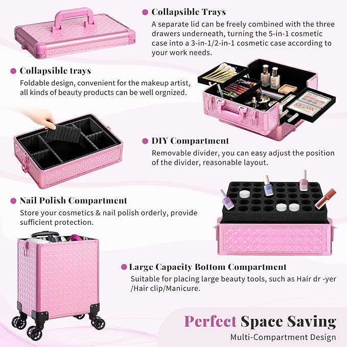 AROUS 5 in 1 Rolling Makeup Train Case Cosmetology Case on Wheels Large Cosmetic Organizer Travel Cart for Hairstylist Artist Nail Beauty Salon Barber,All Pink