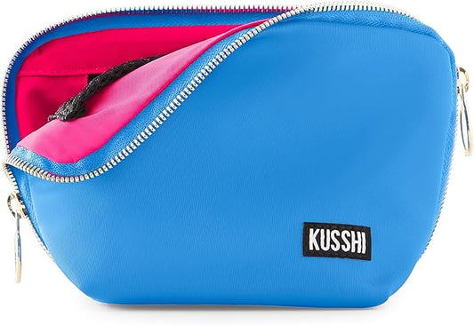 KUSSHI Washable Travel Makeup & Cosmetic Bag - Brush Organizer Sold Separately (Everyday, Light Blue/Neon Pink)
