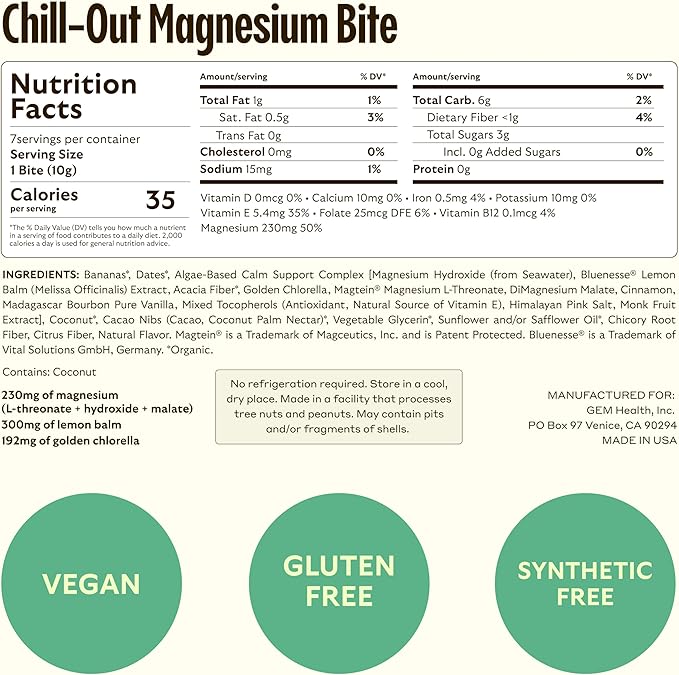GEM Calm Bite | Supports Calm Mind & Clarity | Magnesium L-Threonate, Golden Chlorella, Lemon Balm | Holistic Non-Habit Forming | Gluten Free, Soy Free, Banana Cinnamon (7 Count)