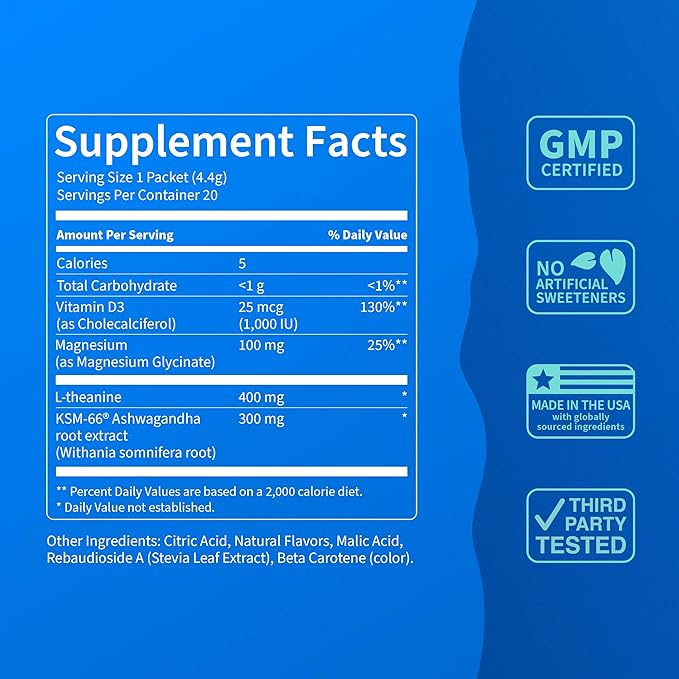 Nello Supercalm Powdered Drink Mix, Cortisol Reducer* and Sleep Aid Supplement, L Theanine, Ksm-66 Ashwagandha, Magnesium Glycinate, Vitamin D 3, No Sugar, Non GMO, 20 Ct, Tropical Tangerine