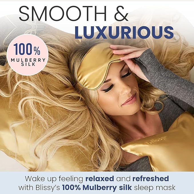Blissy Silk Sleep Mask - Eye Sleeping Mask for Women & Men for Total Blackout - 100% Pure Mulberry Silk, 22 Momme 6a Fibers - Blindfold Sleep Mask Side Sleeper Eye Cover (Gold)