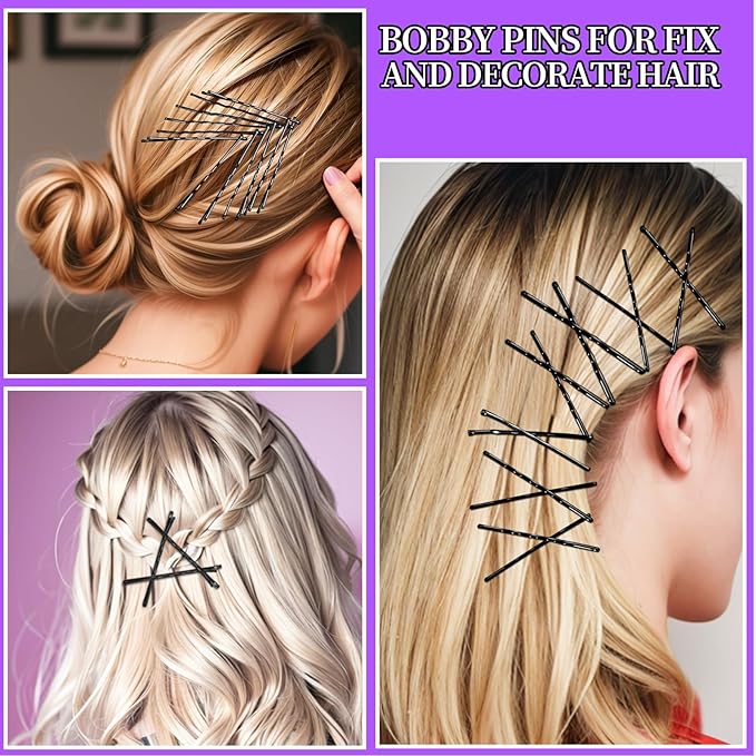 Teenitor 300pcs Hair Pins Bobby Pins Black, 100 Black Bobby Pins 2" 2.75"100 Hair Pins for Women and 100 Clear Hair Bands Kit, U Pins for Buns 2" 2.36"