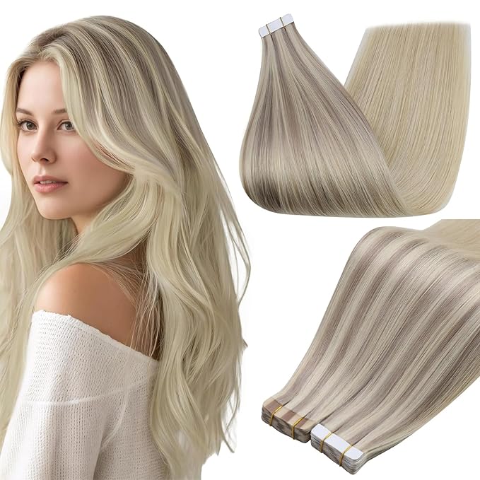 Full Shine Blonde Tape in Extensions Human Hair 18 Inch Remy Double Sided Tape in Hair Extensions 50Gram Balayage 20 Pcs Adhesive Straight Seamless Skin Weft 18/22/60 Invisible for Party