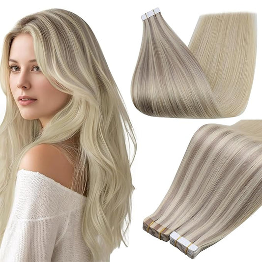Full Shine Tape in Hair Extensions Human Hair 12Inch Color 18 Ash Blonde Fading to 22 and 60 Platinum Blonde Human Hair Extension Tape in Invisible Remy Silky Straight Skin Weft 30G 20Pcs Double Sided