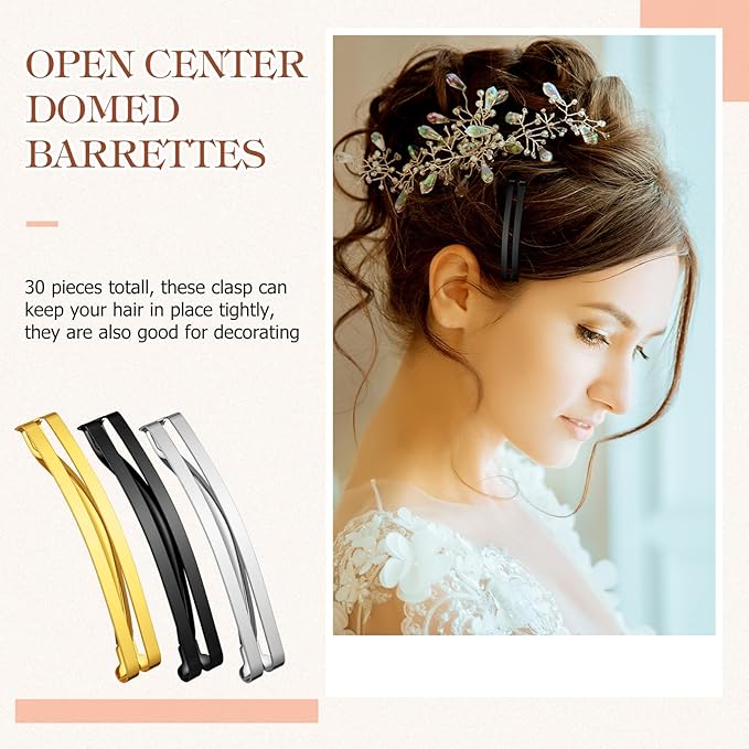 Hotop 30 Pieces Open Center Metal Barrettes Anti-slip Metal Hair Clip for Women, Assorted Colors(Open Center Barrette,Black, Silver, Gold)