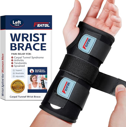 FEATOL Wrist Brace Hand Brace, Carpal Tunnel Wrist Splint Night Support for Women Men, Pain Relief Support -Tendonitis, Arthritis, Sprain, Left Hand, Medium/Large