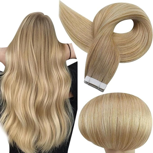 Full Shine Blonde And Brown Tape in Hair Extensions Color 6/27/60 Balayage Blonde Human Hair Tape in Exensions 100G Seamless Soft Skin Weft 20Inch Brazilian Extension Bridal Hairstyles 40Pcs
