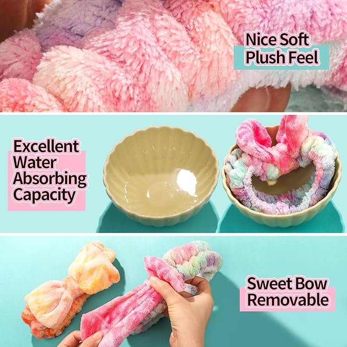 LEOBRO Spa Headband, 6pcs Makeup Headbands and Hair Scrunchies, Bow Skin Care Headband for Washing Face for Teen Girls Women, Easter Basket Valentines Gifts for Girls