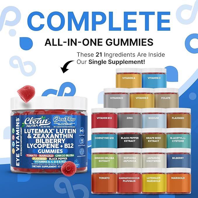 Clean Nutra Lutein and Zeaxanthin Eye Vitamins Gummies + Bilberry for Eyes Vision Support Ginkgo Biloba Marigold, Vitamin B12 Flaxseed Black Pepper CoQ10 Vitamin A l 60 Count B OcuFlow