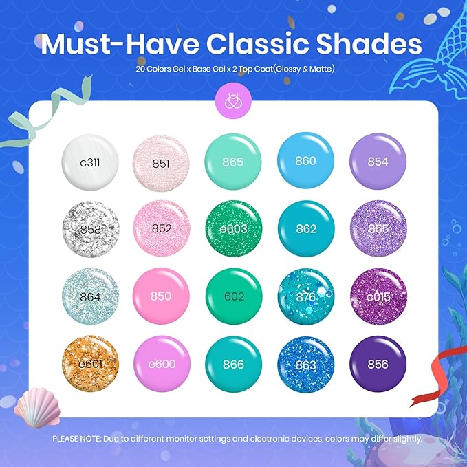 Beetles Purple Gel Nail Polish Set, 20 Colors Blue Green Pink Purple Shimmer Glitter Mermaid Gel Polish Kit with Base Top Coat Soak off Uv Nail Art Valentines Gifts for Women