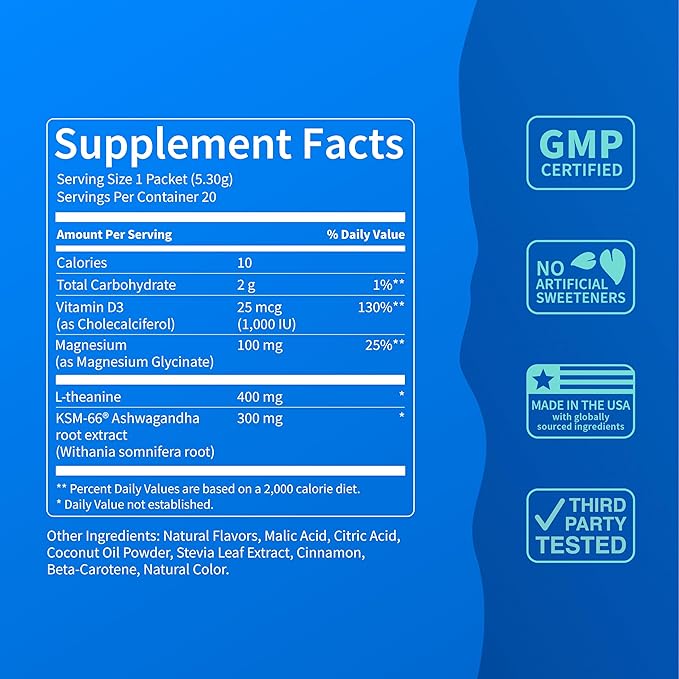 Nello Supercalm Powdered Drink Mix, Cortisol Reducer* and Sleep Aid Supplement, L Theanine, Ksm-66 Ashwagandha, Magnesium Glycinate, Vitamin D 3, No Sugar, Non GMO, On The Go, 20 Ct, Spiced Apple