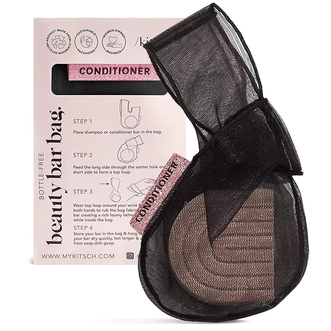 Kitsch Bar Soap Saver Bag – Patented Mesh Bag Soap Holder for Shampoo and Conditioner Bars - Extends Use & Prevents Soggy Mess - Recycled Mesh Beauty Pouch, Eco-Friendly – Black