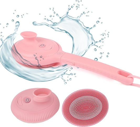 Bella Ciao Vibrating Shower Body & Face Scrubber for Women, 4 Vibrating Modes, Extendable Handle, Detachable Head – Silicone Massage Brush, USB-C Charging, IPX7 Waterproof (Pink)