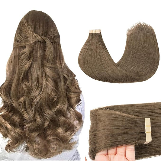 GOO GOO Tape in Hair Extensions Human Hair, 5 Light Ash Brown, 14inch 50g 20pcs, Skin Weft Seamless Invisible, Silky Straight with Thick Ends, Remy Human Hair