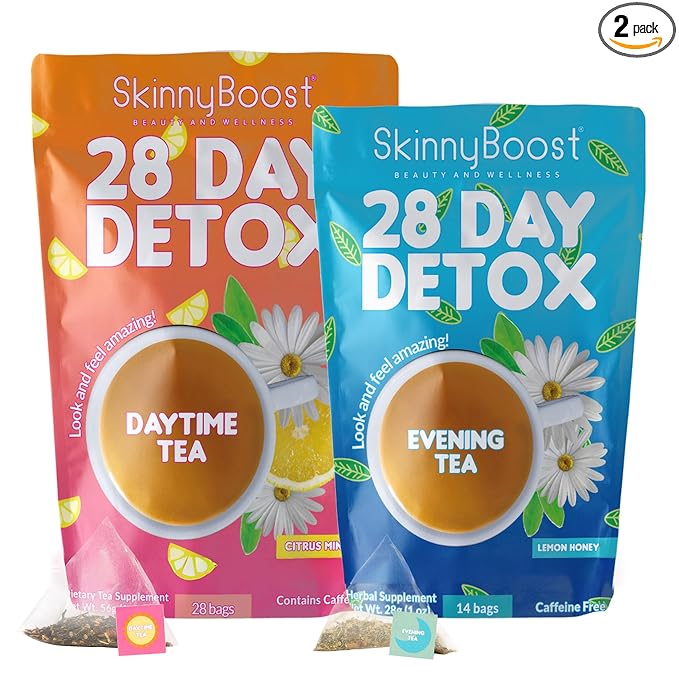 Skinny Boost Detox Tea Kit-Slimming Tea for Weight, Metabolism, Energy, Bloating & Colon Cleanse – Green Tea, Herbal, Vegan, Keto, Non-GMO, Sugar-Free-2 PACK –1 Daytime (28 Bags) + 1 Evening -(14 Bags)