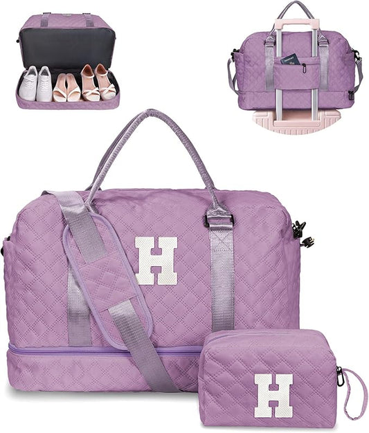 Gifts for Teen Girls - Initial Dual Compartment Personalized Weekender, Overnight Travel Bag with Monogram, Makeup Holder (Letter H)