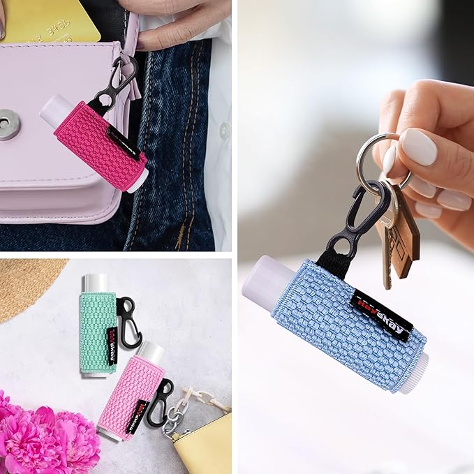 HEYSKAY 3PCS Lip Balm Holder Sleeves Keychain Lipstick Holder Key Chain Lip Gloss Holder Keychain Chapstick Elastic Sleeves
