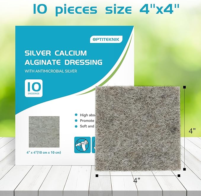 Ag Silver Calcium Alginate Wound Dressing Pads 4"x4" Pack of 10, Soft Silver Dressings for Wound Care, Gentle Highly Absorbent Dressing, Non Stick Gauze Pads for Wounds