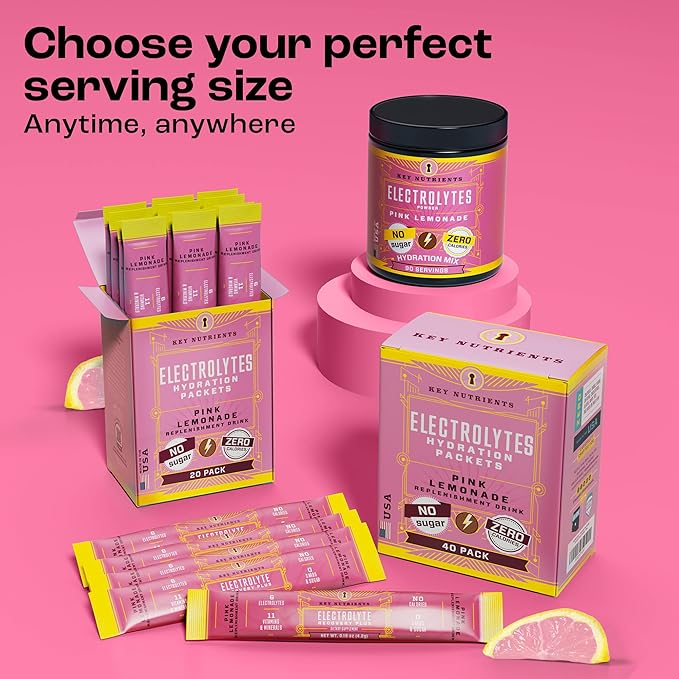 KEY NUTRIENTS Electrolytes Powder Packets - Fresh Pink Lemonade 20 Pack Hydration Packets - Travel Hydration Powder - Made in USA - No Sugar, No Calories, Gluten Free