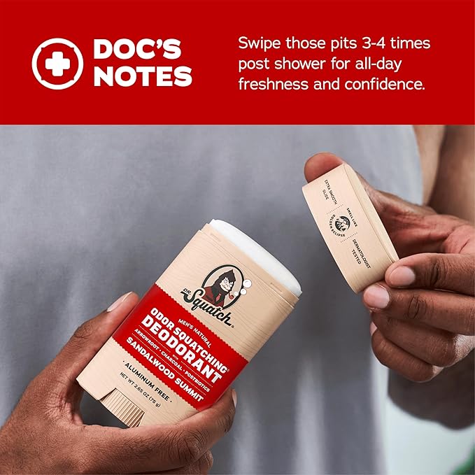 Dr. Squatch Natural Men’s Deodorant – Aluminum Free Natural Deodorant Men with Charcoal & Postbiotics for 72-Hour Odor Protection – Sandalwood Summit, 2.65oz Stick (3-Pack)