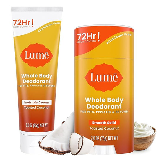 Lume Whole Body Deodorant - Invisible Cream Tube and Solid Stick - 72 Hour Odor Control - Aluminum Free, Baking Soda Free, Skin Safe - 3.0 Ounce 2.6 Ounce Bundle (Toasted Coconut)