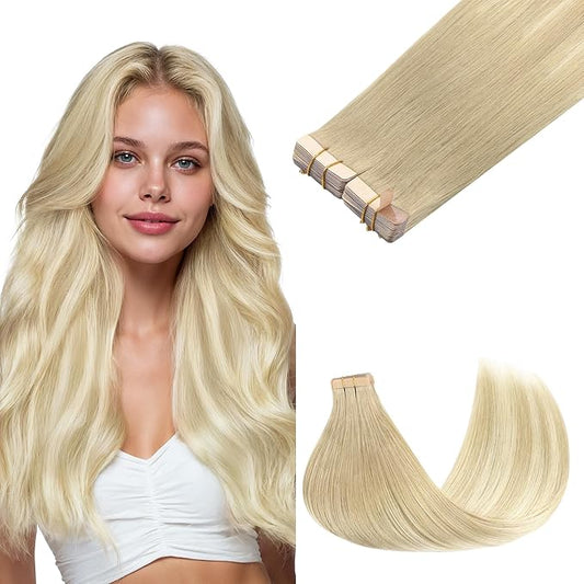 GOO GOO Tape in Hair Extensions Human Hair, 18ET90A Natural Blonde Balayage, 20inch 100g 40pcs, Skin Weft Seamless Invisible, Silky Straight with Thick Ends, Remy Human Hair
