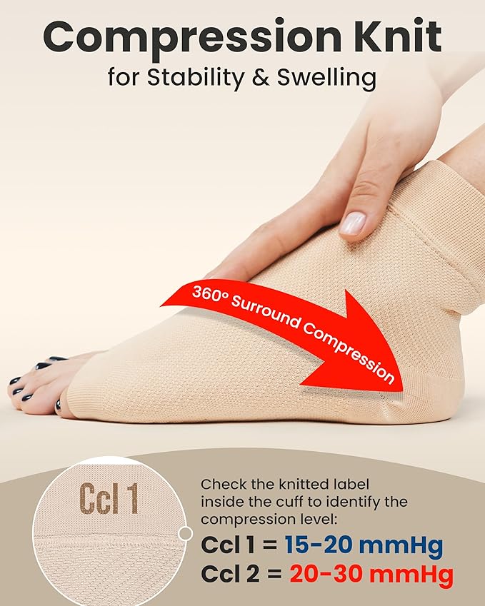 KEMFORD Ankle Compression Sleeve - 1-Pair, Plantar Fasciitis Braces - Open Toe Compression Socks for Swelling, Sprain, Neuropathy, Foot Arch Support for Men and Women - 20-30mmhg, XL, Beige