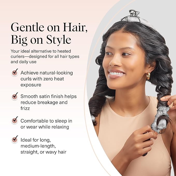 Kitsch Satin Heatless Curling Set – Heatless Curls Overnight with 34" Hair Curler & 2 Satin Scrunchies – Comfortable Hair Curlers to Sleep In for Frizz-Free, No Heat Damage Styling - Marble