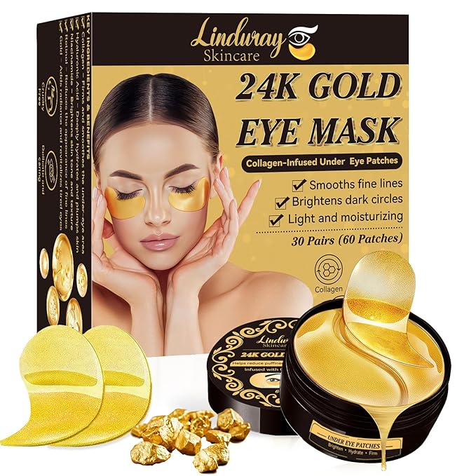 24k Gold Under Eye Patches, 60 Pcs Hydrogel Eye Mask Skincare with Collagen and Hyaluronic Acid for Puffiness, Dark Circles and Fine Lines, Cooling Under Eye Mask for Women and Men