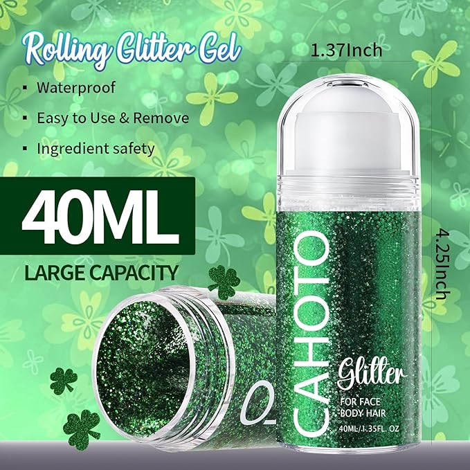 CAHOTO Green Rolling Glitter for Face Body & Hair, Roll-on Sequins for St. Patrick's Day, Sparkling Accessories for Christmas Concert Rave Festival Halloween Party Mardi Gras Carnival, 1.35fl.oz