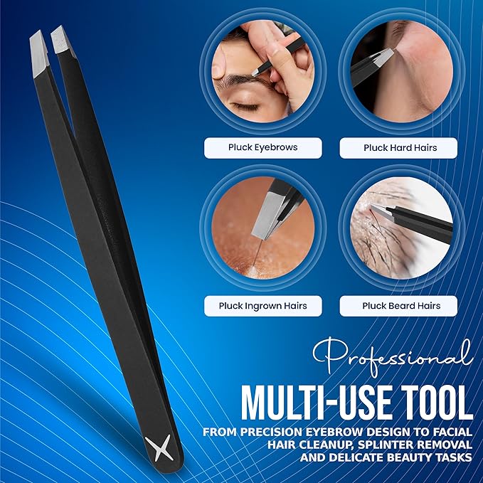 Stainless Steel Mini Slant Tweezer - Professional Precision Eyebrow Tweezers for Women & Men, Rust-Proof Travel Grooming Tool for Facial Hair Removal, Chin Hair & Ingrowns (Matt Black)