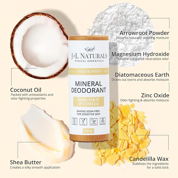 J&L Naturals Mineral Deodorant | Baking Soda-Free, 100% Natural, Sustainable | Sensitive Deodorant For Women & Men | Aluminum Free, Vegan, Cruelty-Free (Bergamot & Vanilla, 3 Oz (Pack of 1))