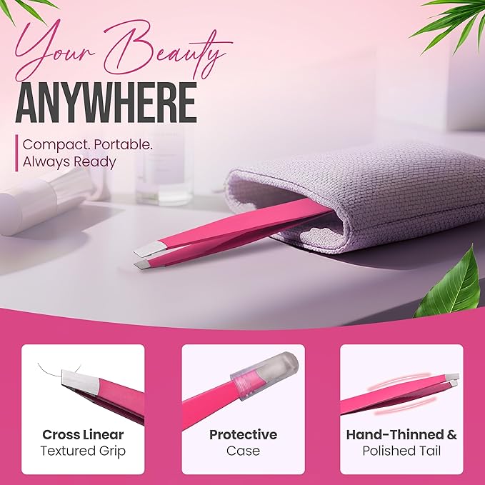 Stainless Steel Mini Slant Tweezer - Professional Precision Eyebrow Tweezers for Women & Men, Rust-Proof Travel Grooming Tool for Facial Hair Removal, Chin Hair & Ingrowns (Neon Pink)