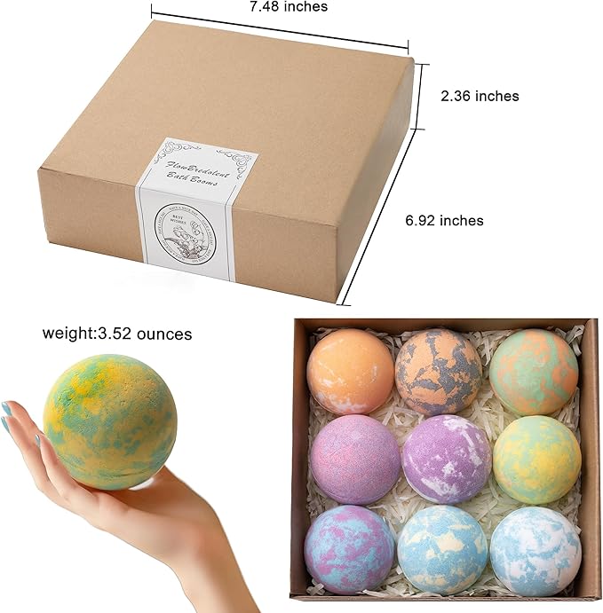 FlowBedolent Bath Bombs for Women, 9pcs Handmade Bubble Bath Bombs with Natural Essential Oils, Perfect Valentine‘s Day Gift for Wife and Girlfriend, as Well as Wonderfull Mother's Day Gift for Mom