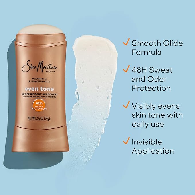 SheaMoisture Antiperspirant Deodorant Stick Even Tone Vitamin C & Niacinamide 2 Count for 48HR Sweat & Odor Protection with No Parabens & No Mineral Oil 2.6 oz