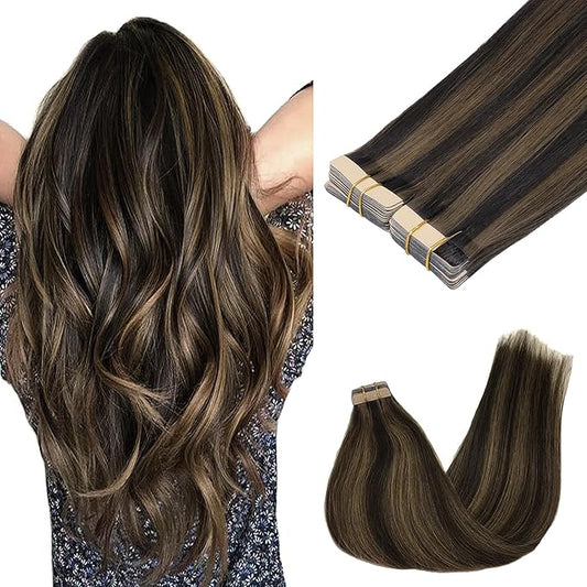 GOO GOO Tape in Hair Extensions Human Hair, 2/6 Dark Brown Highlighted Chestnut Brown, 14inch 100g 40pcs, Skin Weft Seamless Invisible, Silky Straight with Thick Ends, Remy Human Hair
