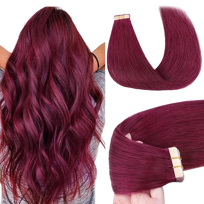 GOO GOO Tape in Hair Extensions Human Hair, Burgundy, 10inch 30g 20pcs, Skin Weft Seamless Invisible, Silky Straight with Thick Ends, Remy Human Hair