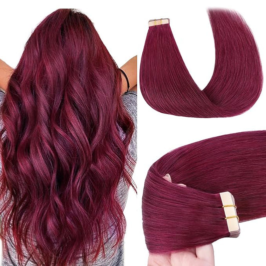 GOO GOO Tape in Hair Extensions Human Hair, Burgundy, 22inch 50g 20pcs, Skin Weft Seamless Invisible, Silky Straight with Thick Ends, Remy Human Hair
