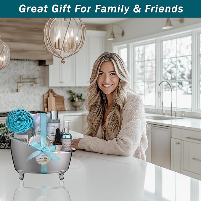 Spa Gift Baskets For Women - Luxury Bath Set With Ocean & Coconut - Spa Kit Includes Body Wash, Bubble Bath, Lotion, Body Butter, Soap, Bath Oil, Shower Puff, and Towel