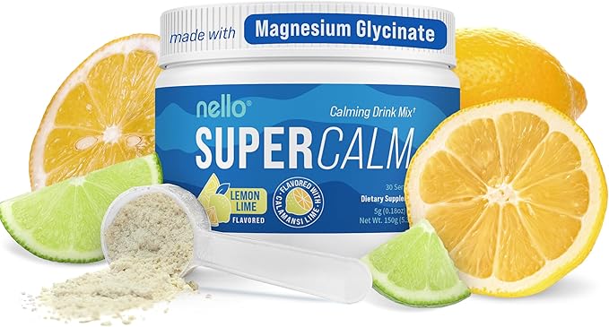 Nello Supercalm Powdered Drink Mix Tub, Cortisol Reducer* and Sleep Aid Supplement, L Theanine, Ksm-66 Ashwagandha, Magnesium Glycinate, Vitamin D 3, No Sugar, Non GMO, On The Go, 30 Ct, Lemon Lime