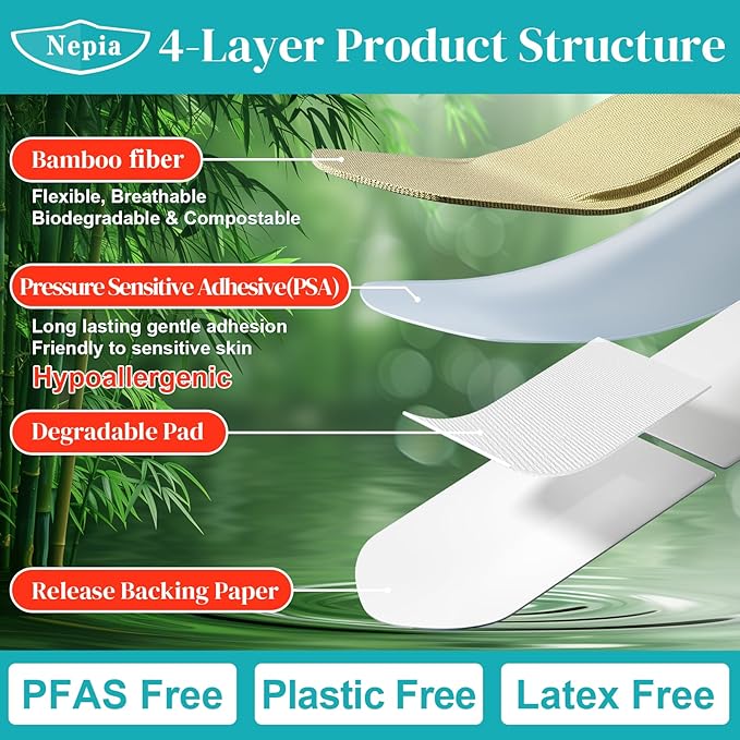Nepia Hypoallergenic Bamboo Fabric Assorted Shapes Bandages | PFAS Free & Latex Free | Eco-Friendly Compostable Bandaids for Sensitive Skin & Scrapes | Flexible Fabric Family Pack (100 Count)