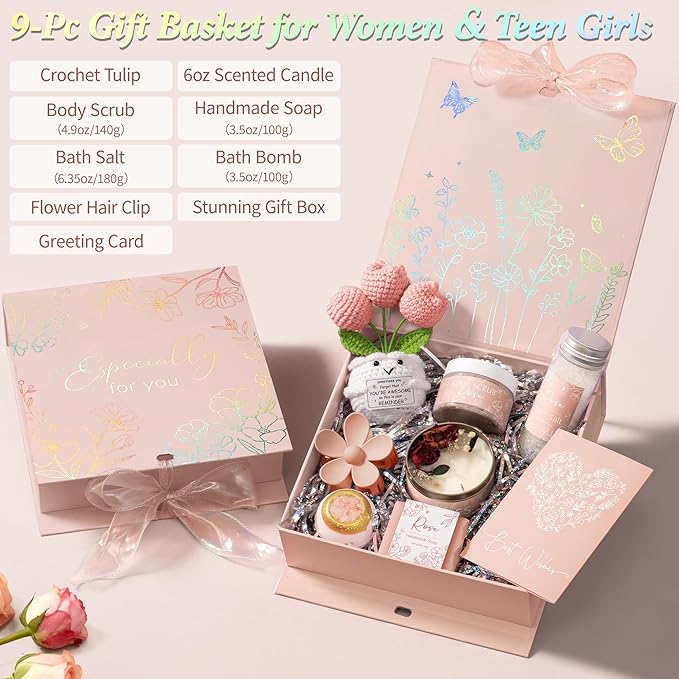 Spa Gifts for Women Bath Gift Set, Rose Relaxing Spa Gift Baskets Home Bath Set Self Care Kit Care Package Thank You Birthday Valentines Day Gifts for Her Women Mom Friends Sister Teen Girls Wife